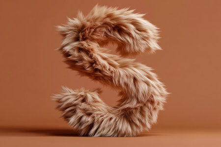 A plush letter S stands out with a soft fur texture, showcasing a striking gradient of warm to cool tones. The smooth background highlights its elegant elevation, perfect for branding.の素材