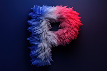 A fluffy, voluminous letter P showcases a soft fur texture and a vibrant gradient of warm and cool tones. Set against a neutral background, the design radiates modern elegance and charm.の素材