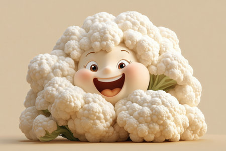 Set against a soothing cream backdrop, a cheerful cauliflower character displays fluffy white florets and sparkling eyes, spreading joy with its bright smile through playful charm and vivid colors.の素材