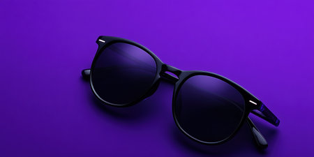 Chic glasses featuring striking purple lenses rest on a vibrant purple background, showcasing a contemporary design that emphasizes elegance and style, perfect for any fashion lover.の素材