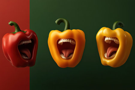 Bright bell peppers with cheerful faces express joy and delight in a vibrant backdrop of warm red and green hues. Their exaggerated features radiate happiness and charm.の素材