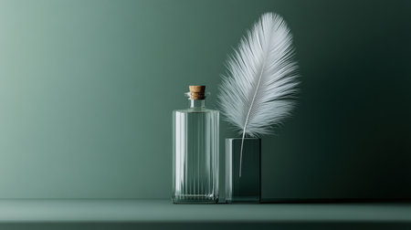 A delicate white feather rests elegantly in a transparent glass bottle with a cork stopper. Set against a soothing turquoise background, this minimalist setup embodies tranquility and simplicity.の素材