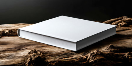 A blank white book sits serenely on a smooth, natural wooden surface, showcasing the intricate patterns of the wood grain while creating a calm and minimalistic aesthetic.の素材
