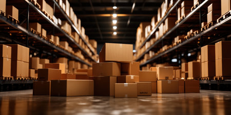 Cardboard boxes are tightly stacked in a bustling warehouse aisle, showcasing a lively industrial atmosphere. Shelves nearby overflow with packages, illustrating the vibrancy of storage and logistics.の素材