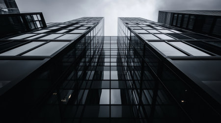 Bathed in natural light, a modern high rise building showcases its symmetrical grid design against a dramatic sky. This architectural marvel exudes minimalism and urban sophistication.の素材