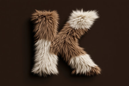 This fluffy and voluminous letter K showcases a soft fur texture with a beautiful gradient of warm and cool tones. Elevated against a smooth background, it offers artistic appeal for modern design.の素材