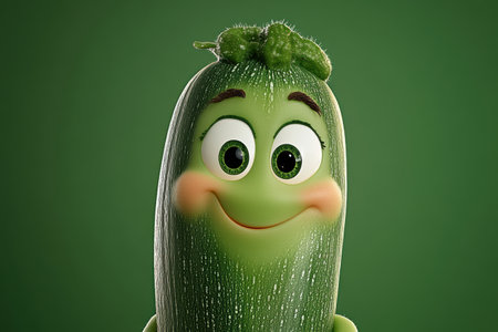 A delightful zucchini with a glossy green body showcases large, goofy eyes and a friendly smile. The cheerful character shares its happiness against a matching green backdrop, radiating positivity.の素材