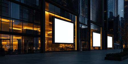 A striking blank black sign stands prominently in the city center, surrounded by towering skyscrapers and sleek urban architecture.の素材