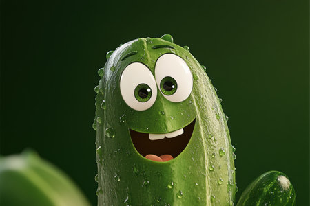 This cheerful cucumber stands out with big expressive eyes and a wide grin, beams with personality under bright lighting, surrounded by fresh greenery and playful water droplets, evoking joy.の素材
