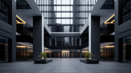 Amidst the bustling city, a striking high rise stands with a symmetrical grid design, highlighting a blend of modern architecture and minimalistic aesthetics.の素材