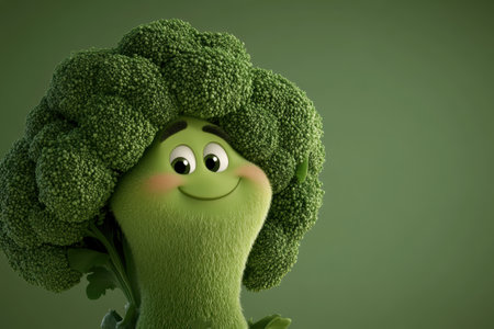 A friendly broccoli character with fluffy green florets and a bright smile brings happiness to a soft pastel green background. Its charming expression invites joy and delight for all ages.の素材