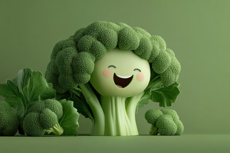 A cheerful broccoli character stands out with fluffy green florets, a thick stalk, and a warm smile against a soft pastel green backdrop, evoking joy and creativity in culinary art.の素材