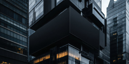 A stark black sign looms over the bustling city center, surrounded by sleek skyscrapers and modern architecture.の素材