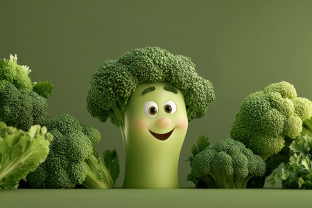 A delightful broccoli character smiles brightly, surrounded by lush green florets. Rendered in high detail, this cartoon creation exudes warmth and cheerfulness in its serene pastel setting.の素材