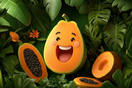 Bright orange papaya with a cheerful expression delights in a vibrant green jungle. Its tiny black seeds create a playful smile, making this tropical scene truly enchanting.の素材
