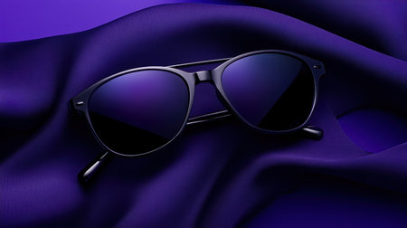 Unique glasses with striking purple lenses rest against a vivid purple background, creating an aesthetic that combines elements of fashion and artistry.の素材