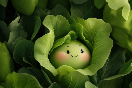 A delightful lettuce character, featuring playful curls and a joyful expression, stands surrounded by vibrant green leaves.の素材