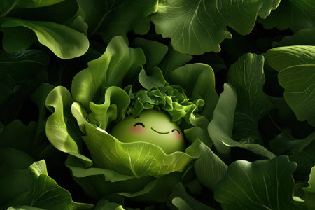 A delightful lettuce character with curly leaves radiates joy, nestled among lush green foliage. The enchanting atmosphere brings freshness and whimsy to the garden setting, inviting playfulness.の素材