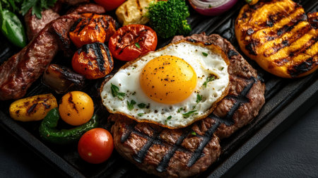 Savor the flavors of summer with this grilled barbecue feast featuring juicy meats, colorful vegetables, and a perfectly cooked sunny-side-up egg. Ideal for outdoor gatherings and celebrations.の素材