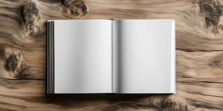 A blank white book lies open on a beautifully grained wooden table, inviting thoughts and creativity. The soft texture and natural hues of wood complement the minimalist design perfectly.の素材