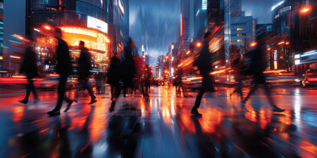 Under the glow of vibrant neon lights, individuals rush across a bustling urban intersection. The backdrop features blurred vehicles and towering buildings, encapsulating the city's energy at dusk.の素材