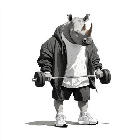 A rhinoceros dressed in gym clothes struggles to lift a single dumbbell, beads of sweat forming on its face. The background is a plain white, highlighting the effort and unique scene.の素材