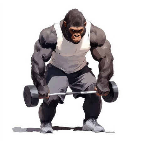 In a vibrant setting, a muscular gorilla with huge legs struggles to lift a dumbbell. Clad in a gym tank top, its determined expression adds humor to this workout scene.の素材
