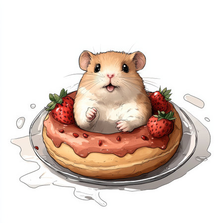 A fluffy kawaii hamster with blushing cheeks sits happily inside a strawberry donut. Its tiny paws wave cheerfully against a bright white background in this vibrant, high-resolution digital art.の素材