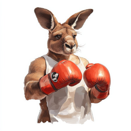A kangaroo dressed in boxing gloves lazily shadowboxes on a plain white background, exuding an air of boredom while attempting to stay active, making for a quirky yet amusing visual.の素材