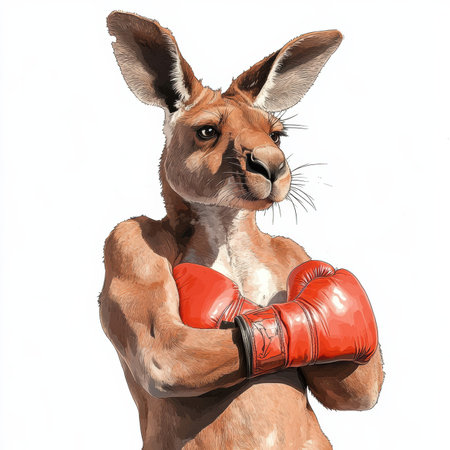 A kangaroo wearing boxing gloves appears uninterested as it casually shadowboxes on a plain white background. The minimalistic design adds a humorous touch to its relaxed demeanor.の素材
