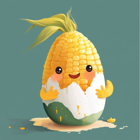 A playful corn character joyfully decorates a colorful egg with vibrant paints. Its hands and cheeks are covered in splashes of color, bringing a delightful spirit to the Easter festivities.の素材