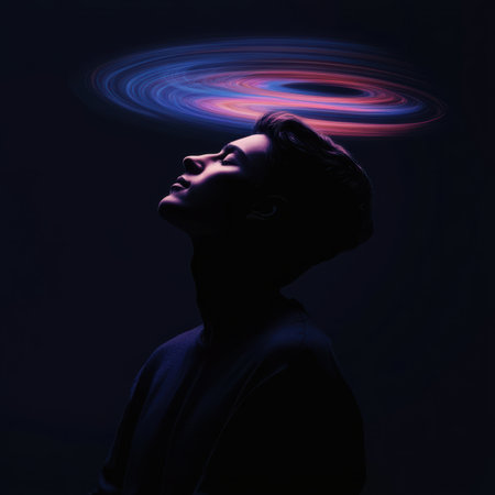 A person sits in deep meditation, surrounded by a swirl of vibrant, soothing tones representing positive thoughts. The ethereal glow emanates, creating a serene atmosphere.の素材