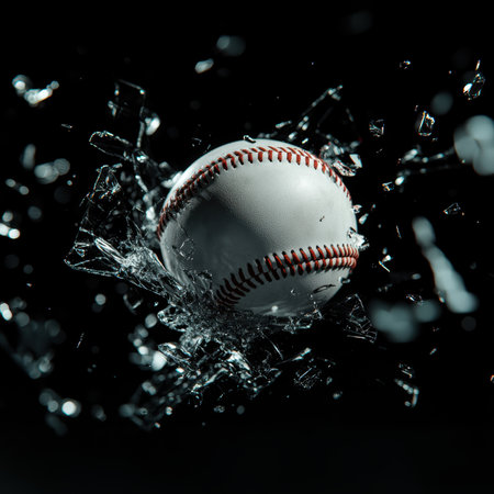 A vivid moment captures the power of a baseball colliding with glass, sending shards flying and showcasing an explosive energy. Realistic shadows enhance the dramatic impact of this striking display.の素材