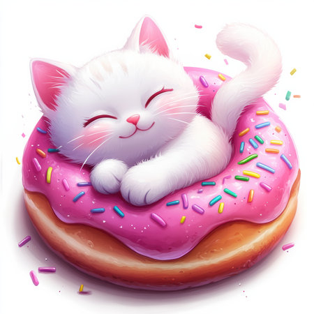 A cute cat snoozes peacefully in a delightful pink donut adorned with colorful sprinkles. The vibrant digital artwork captures a whimsical and cheerful atmosphere perfect for cat lovers.の素材