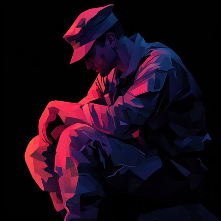 In a powerful representation of sacrifice and remembrance, a folded flag rests within the silhouette of a soldier, evoking feelings of pride and reflection amidst subtle gradient backgrounds.の素材