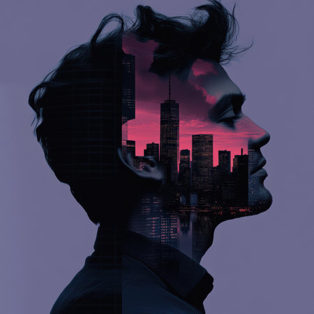 A striking abstract depiction showcases a man's silhouette intertwined with a vibrant city skyline, framed by a dark blue background and a purple gradient sky.の素材