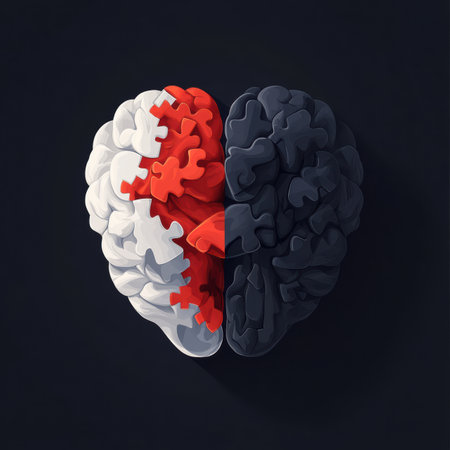 A heart-shaped brain showcases one side filled with vibrant puzzle patterns and the other glowing softly.の素材