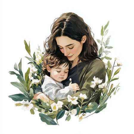 In a tender moment, a mother lovingly holds her child close, enveloped by soft pastel flowers that symbolize the depth of love and nurturing care shared between them, radiating warmth and joy.の素材