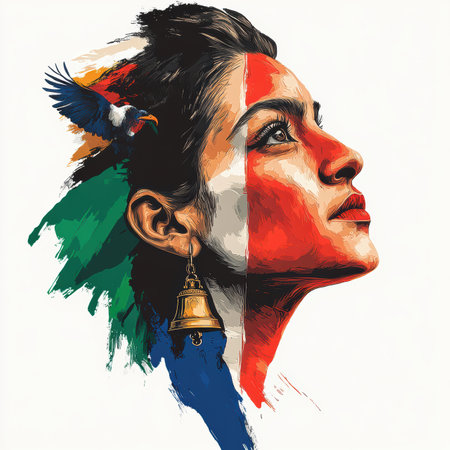 A vibrant silhouette of a face is adorned with the Mexican flag, independence bell, and stylized eagle. Bold brush textures and digital effects bring a dynamic representation of cultural pride.の素材
