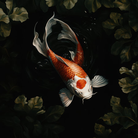 Under soft pastel lighting, a massive koi fish glides gracefully through a serene Japanese pond, its body embellished with enchanting patterns, creating a dreamlike atmosphere.の素材