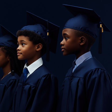A dynamic visual captures students transitioning from young children to proud graduates, highlighting their journey of learning, dedication, and transformation in a unified moment of celebration.の素材