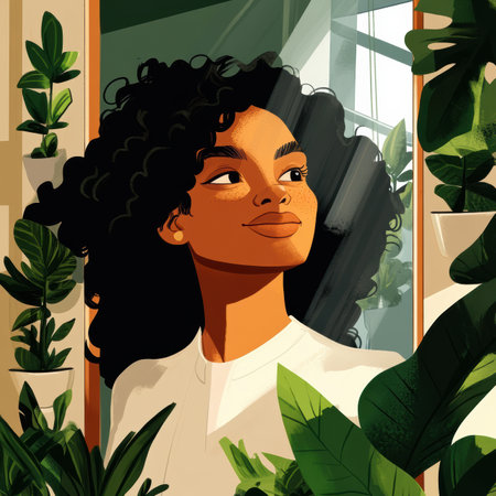 A person stands before a mirror, smiling with self-acceptance. They are framed by lush plants and uplifting affirmations, embodying positivity and personal growth in a serene environment.の素材