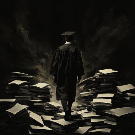 A determined graduate walks confidently toward a promising horizon, treading on a unique path crafted from stacked books and aspirations. The atmosphere is filled with hope and ambition.の素材