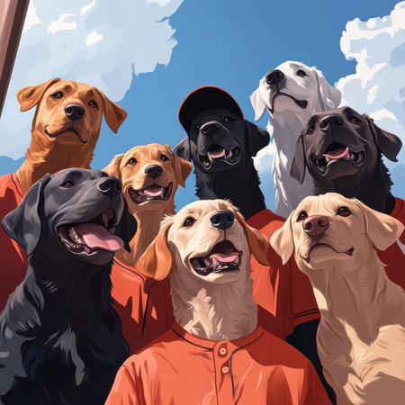 A joyful group of dogs dressed in bright baseball uniforms engage in a playful game under a sunny sky. Their enthusiasm shines as they embody the spirit of teamwork and friendly competition.の素材