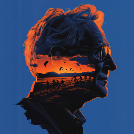 Silhouette of an elderly man filled with vibrant scenes of childhood, showcasing kids flying kites, cycling in green fields, set against a lively blue backdrop and warm orange sky.の素材