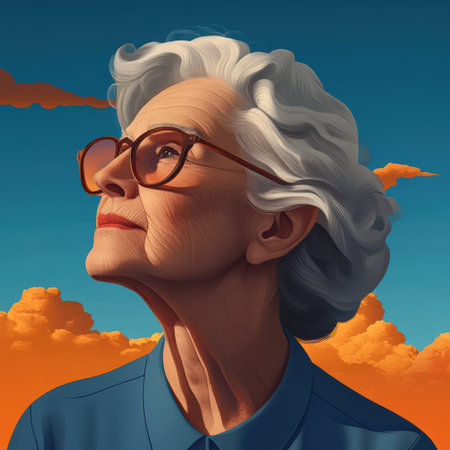 An elderly individual gazes upward, their mind filled with memories of joyful beach days, sandcastles built with love, and carefree moments. The backdrop is a stunning sky in nostalgic hues.の素材