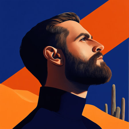 A striking portrait showcases a bearded man's profile, intertwined with desert dunes and cacti against a radiant blue backdrop and burnt orange sky. The artistic fusion evokes serenity and strength.の素材