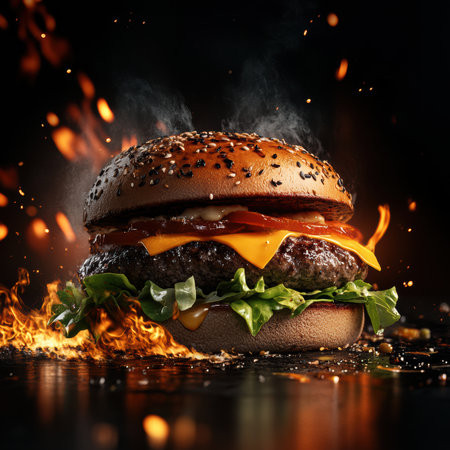 Juicy patties stacked high with melted cheese and fresh lettuce ignite excitement through fiery flames. This hyper-realistic 3D render brings the spicy burger to life in vibrant colors.の素材