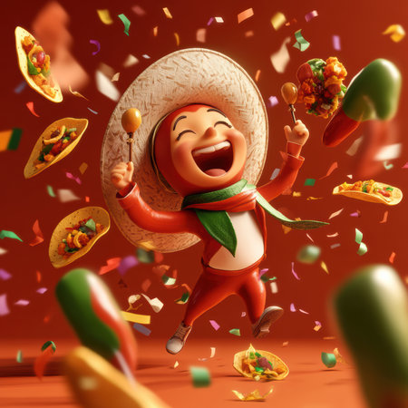 A joyful chili pepper character wearing a sombrero juggles maracas amidst colorful confetti and mini tacos. This festive scene captures the spirit of Cinco de Mayo with vibrant energy.の素材