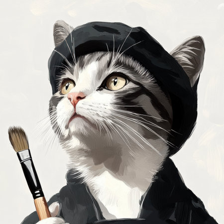 A stylish cat dons a beret while holding a paintbrush, embodying the spirit of a contemporary Parisian artist. Its vibrant gray and cream fur complements the artistic flair of the scene.の素材